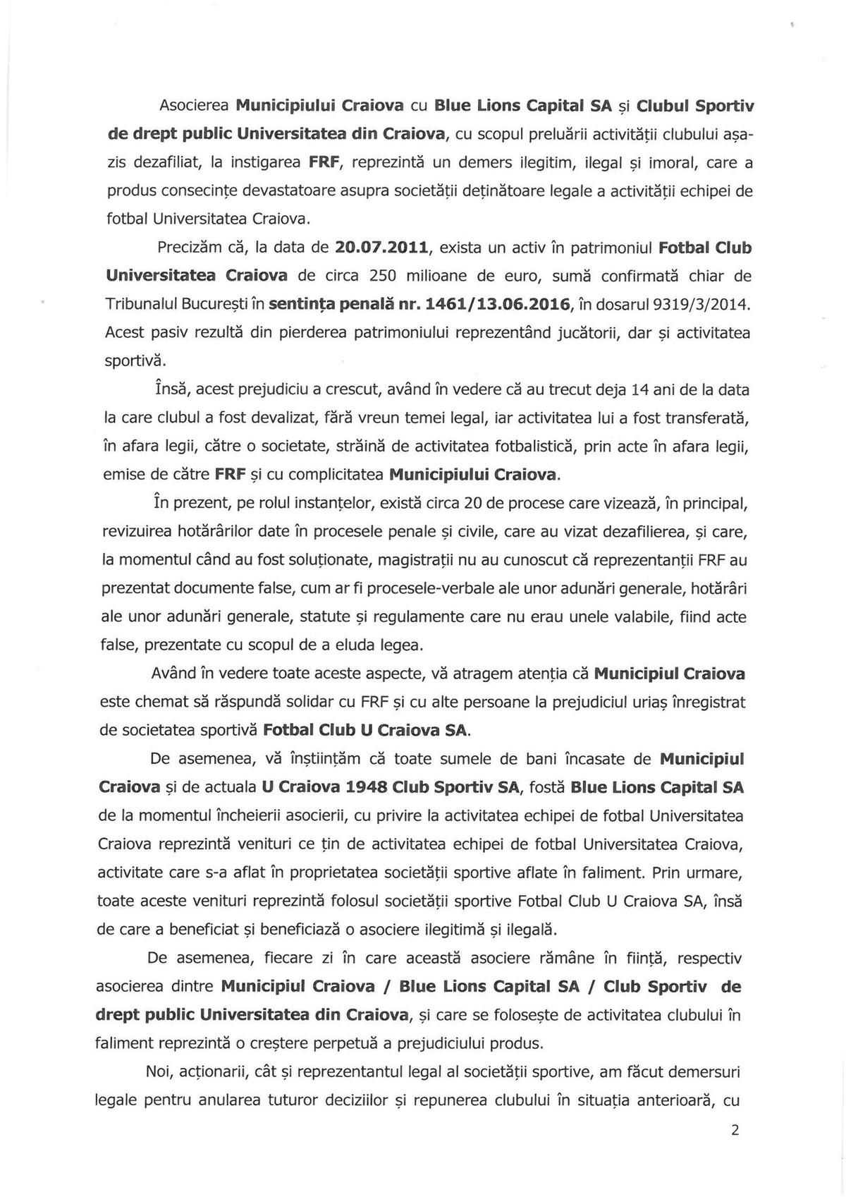 Scrisoare FCU Craiova către Primăria Craiova