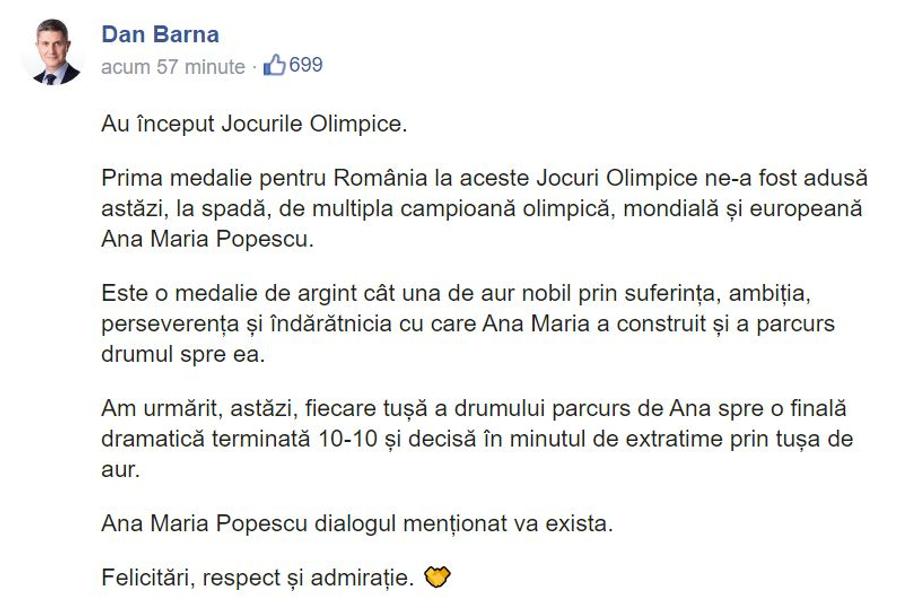 Postarea lui Dan Barna după editare Dan Barna a comis-o din nou! Ce a scris după medalia obținută de Ana Maria Popescu la Jocurile Olimpice