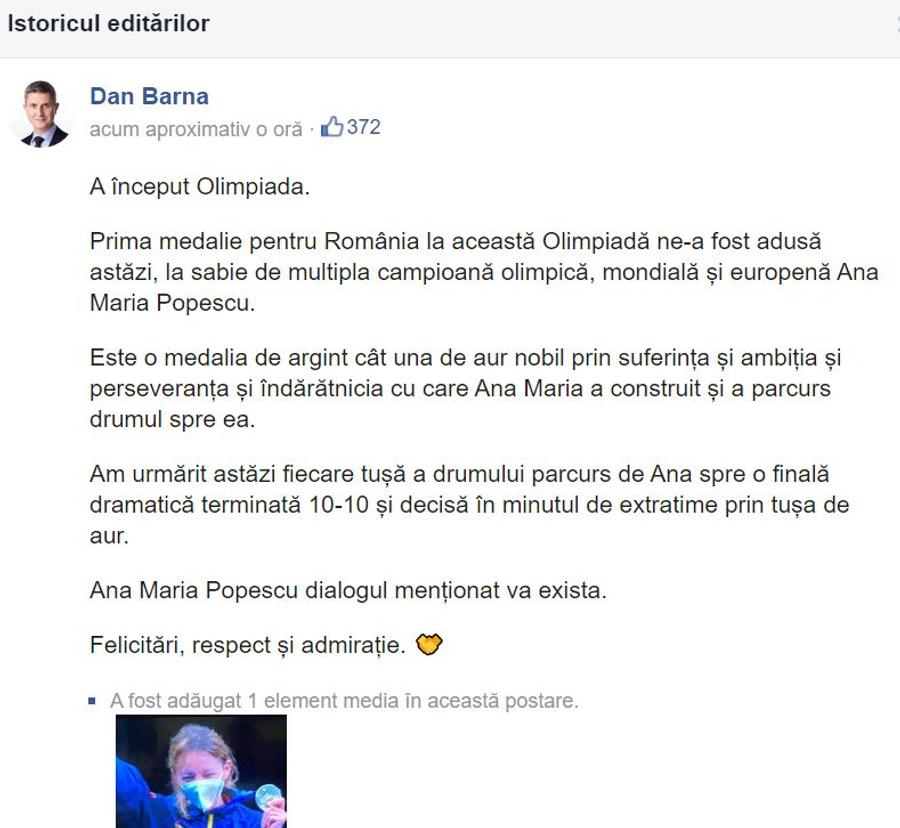 Postarea inițială a lui Dan Barna, înainte de editare Dan Barna a comis-o din nou! Ce a scris după medalia obținută de Ana Maria Popescu la Jocurile Olimpice