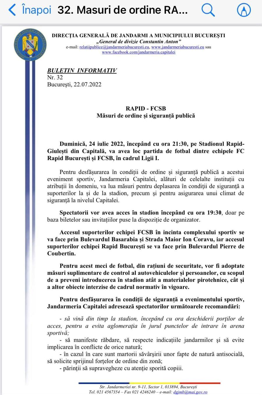 Explicațiile Jandarmeriei după gafa de proporții comisă înainte de Rapid - FCSB!