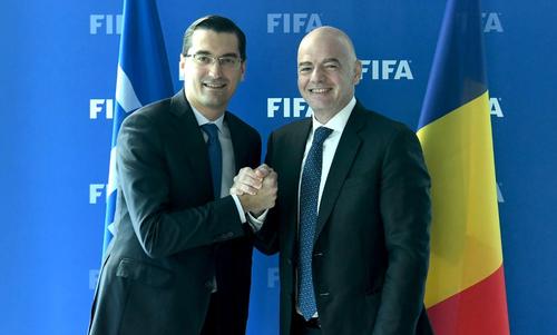 Președintele FIFA, Gianni Infantino, și șeful Federației Române de Fotbal, Răzvan Burleanu / Foto: frf.ro