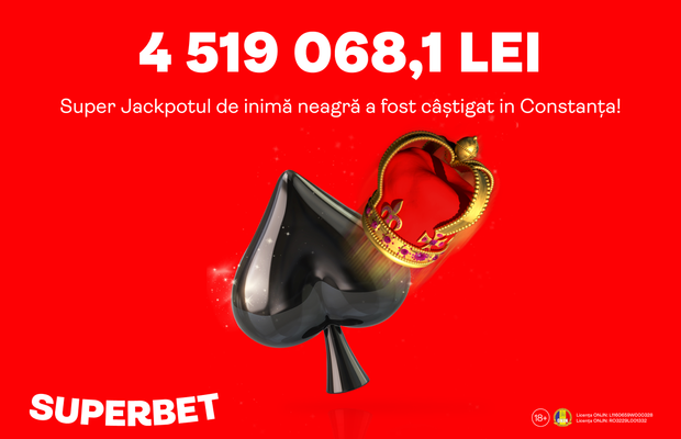 SuperJackpotul de inimă neagră în valoare de 4,5 Milioane de lei a fost lovit în weekend la Superbet
