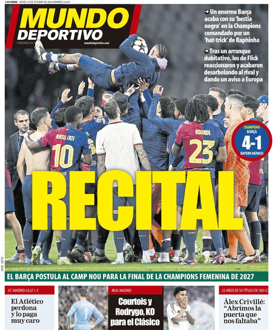Coperta Mundo Deportivo joi, 24 octombrie S-au vorbit? Ce au pus pe copertă ambele ziare din Catalonia, după istoricul Barcelona - Bayern 4-1