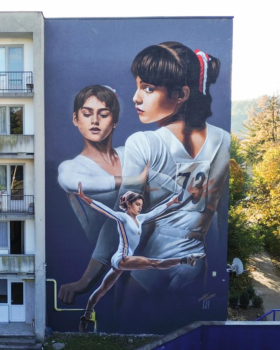 Foto: Asociației de Tineret Onestin Eroii sportului românesc prind viață pe ziduri: Nicolae Stanciu, Radu Drăgușin și Nadia Comăneci, în picturi murale spectaculoase