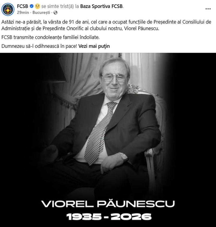 Mesajul FCSB, după moartea lui Viorel Păunescu Mesajul transmis de FCSB, după moartea lui Viorel Păunescu