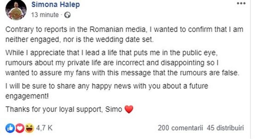 Simona Halep, prima reacție după presupusa petrecere de logodnă: „Sunt dezamăgită”