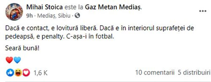 Mihai Stoica s-a pronunțat sec, pe Facebook, la faza penalty-ului de la Mediaș: „Acum e clar? Seară bună!”