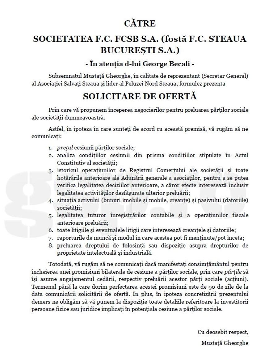Așa arată cererea trimisă de Gheorghe Mustață către Gigi Becali Una a zis și alta a trimis! Ce conține, de fapt, „oferta oficială” făcută de Mustață lui Gigi Becali :)