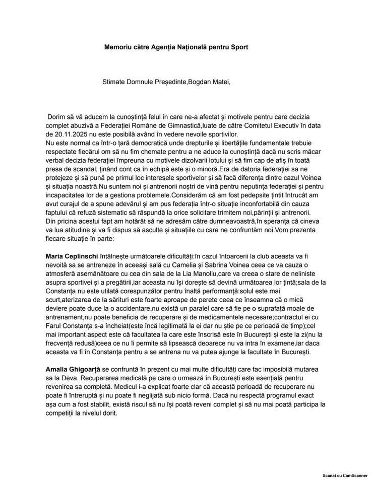 Memoriu către Agenția Națională pentru Sport