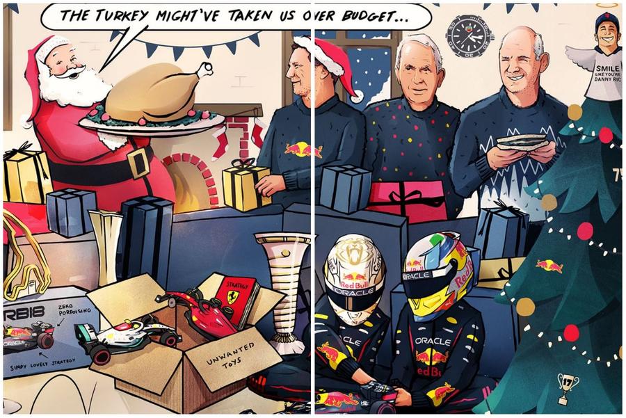 Postarea Red Bull Racing din Ajun // sursă foto: Tom Griffiths via
redbullracing Instagram Fără milă în seara de Ajun » Red Bull și-a bătut joc de Ferrari și i-a activat pe fani: „Măriți-i salariul!”