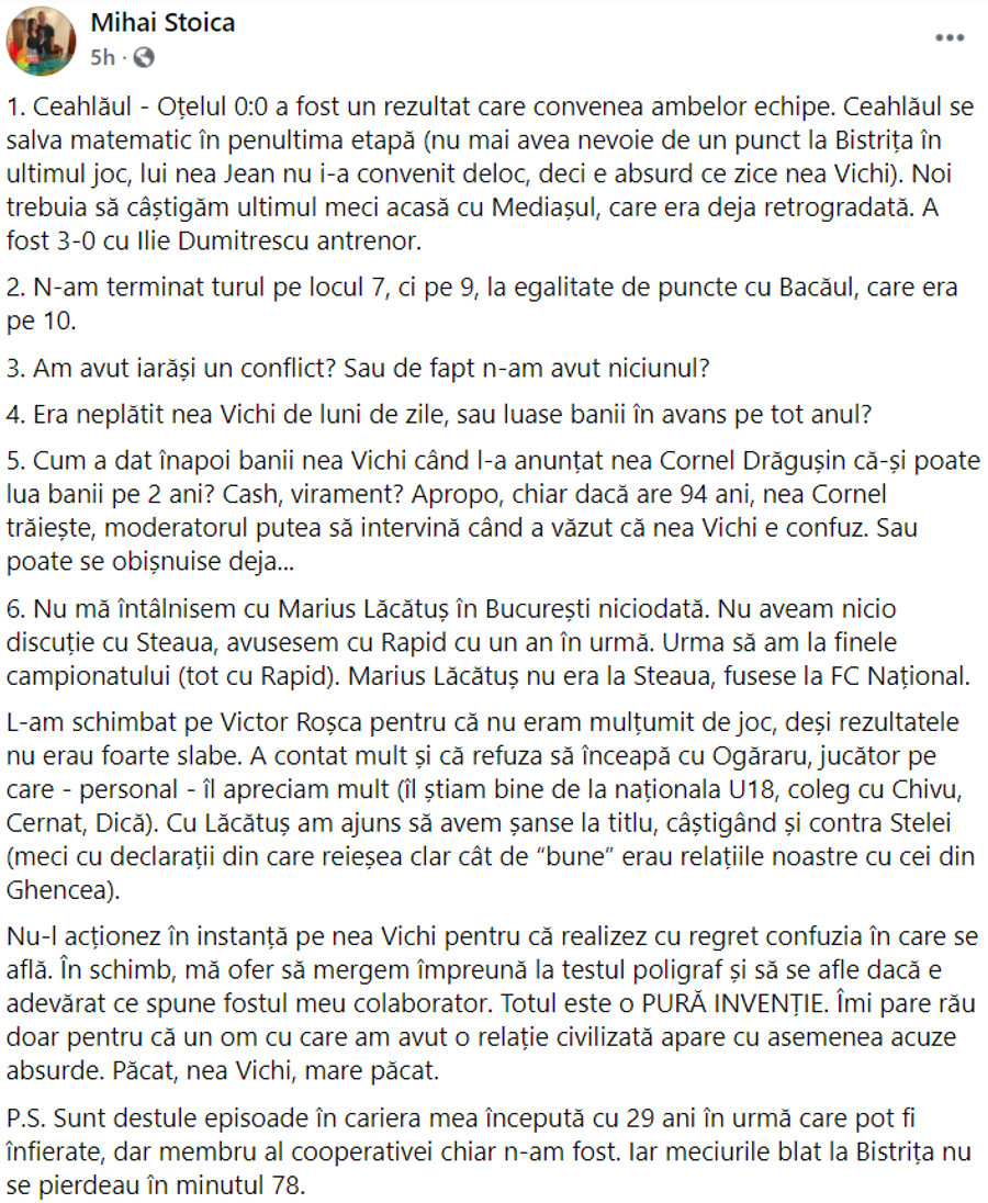 Captură Facebook Mihai Stoica VIDEO Acuzat de blat, MM Stoica răspunde: „Păcat, mare păcat! Mergem împreună la poligraf”
