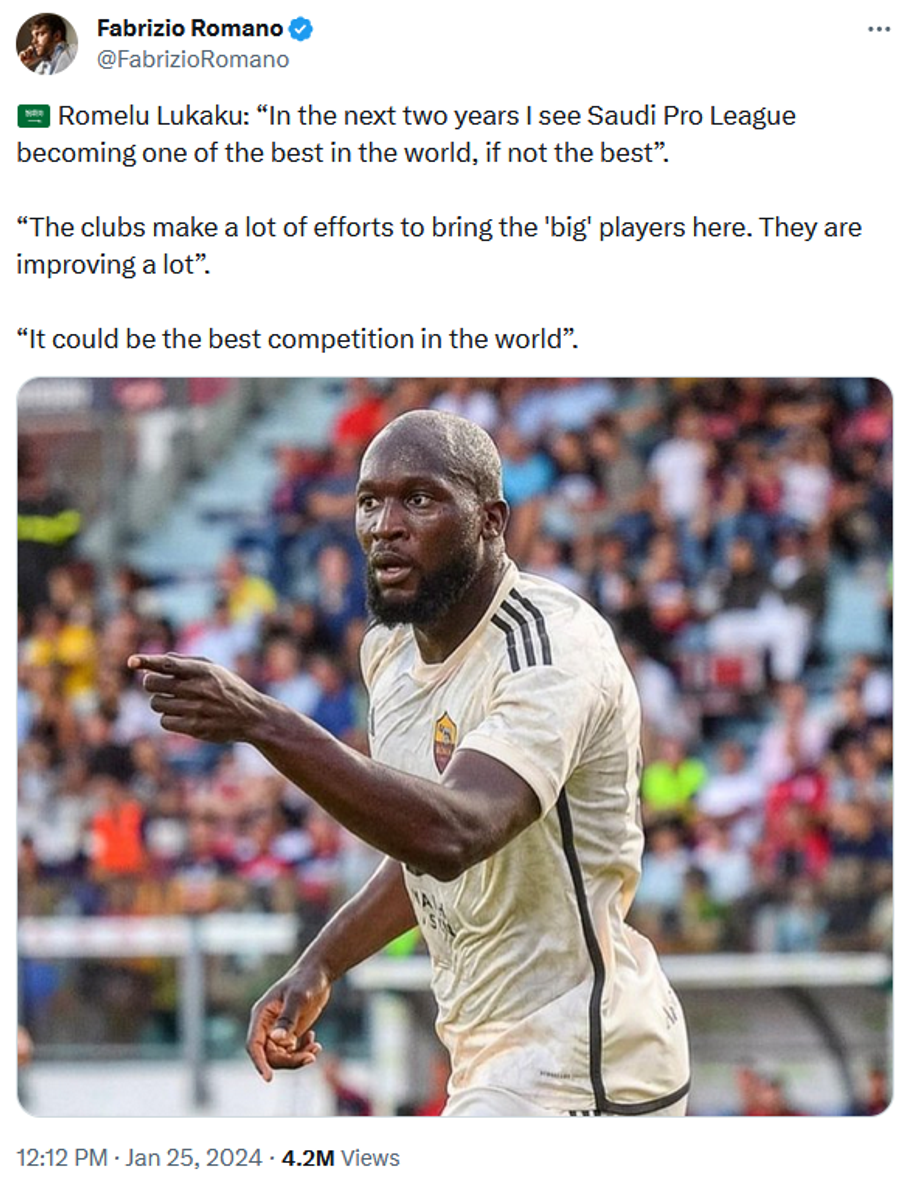 Romelu Lukaku i se alătură lui Cristiano Ronaldo: „Saudi Pro League poate deveni cel mai puternic campionat din lume”