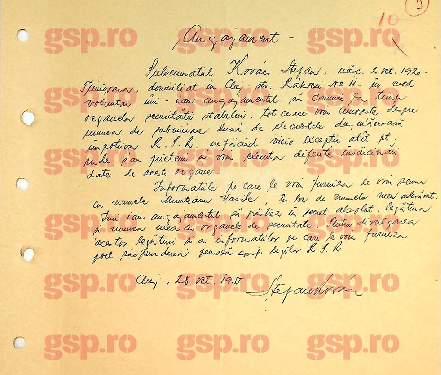 Acesta este Angajamentul de colaborare cu Securitatea, semnat de Ștefan Kovacs pe 28 octombrie 1955, la Cluj: devenea de atunci agentul „Vasile Munteanu”. Sursa: Arhivele CNSAS Stupoare în arhivele Securității: marele Ștefan Kovacs a fost agentul secret „Vasile Munteanu” + „Este un tovarăș atașat colaborării”