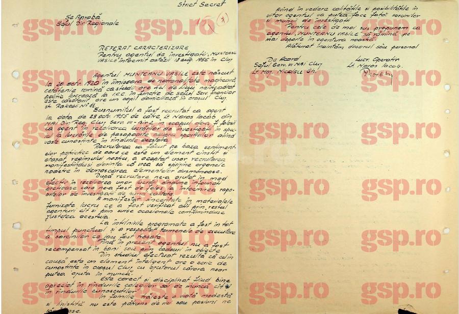 Raportul din august 1956, care arăta că Ștefan Kovacs fusese recrutat ”în scopul de a fi folosit ca agent în rezolvarea lucrărilor de investigații, în special la lucrările de pașapoarte asupra sportivilor”. Sursa: Arhivele CNSAS Stupoare în arhivele Securității: marele Ștefan Kovacs a fost agentul secret „Vasile Munteanu” + „Este un tovarăș atașat colaborării”