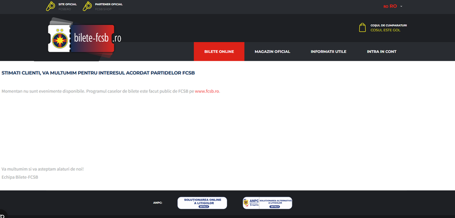 Mesajul de pe site-ul FCSB, în secțiunea de achiziționare a biletelor, la ora 13:40 Bilete la FCSB - Lyon doar în câteva sectoare! » Fanii „au driblat” atacurile cibernetice. Mihai Stoica exultă: „Tsunami roș-albastru!”