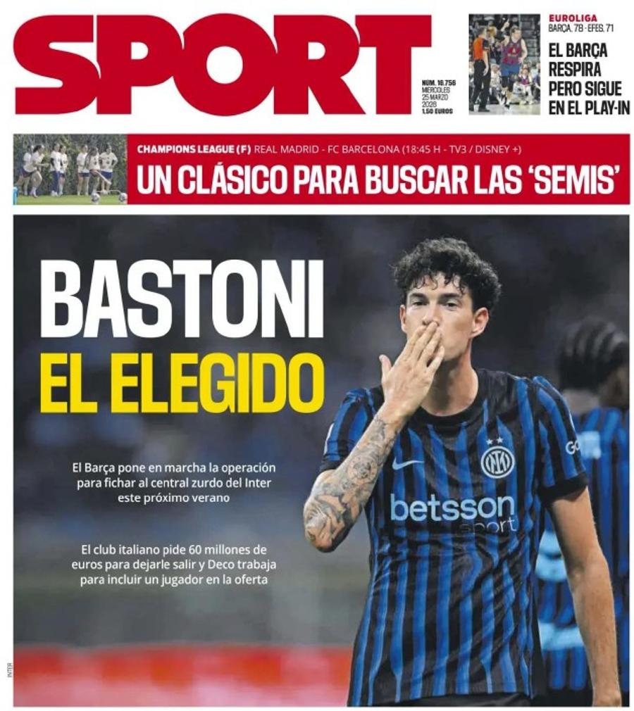 Coperta ediției tipărite de astăzi a cotidianului Sport de Catalunia Barcelona transferă titularul lui Chivu: „El este alesul și o prioritate absolută. Hansi Flick și-a dat deja acordul”