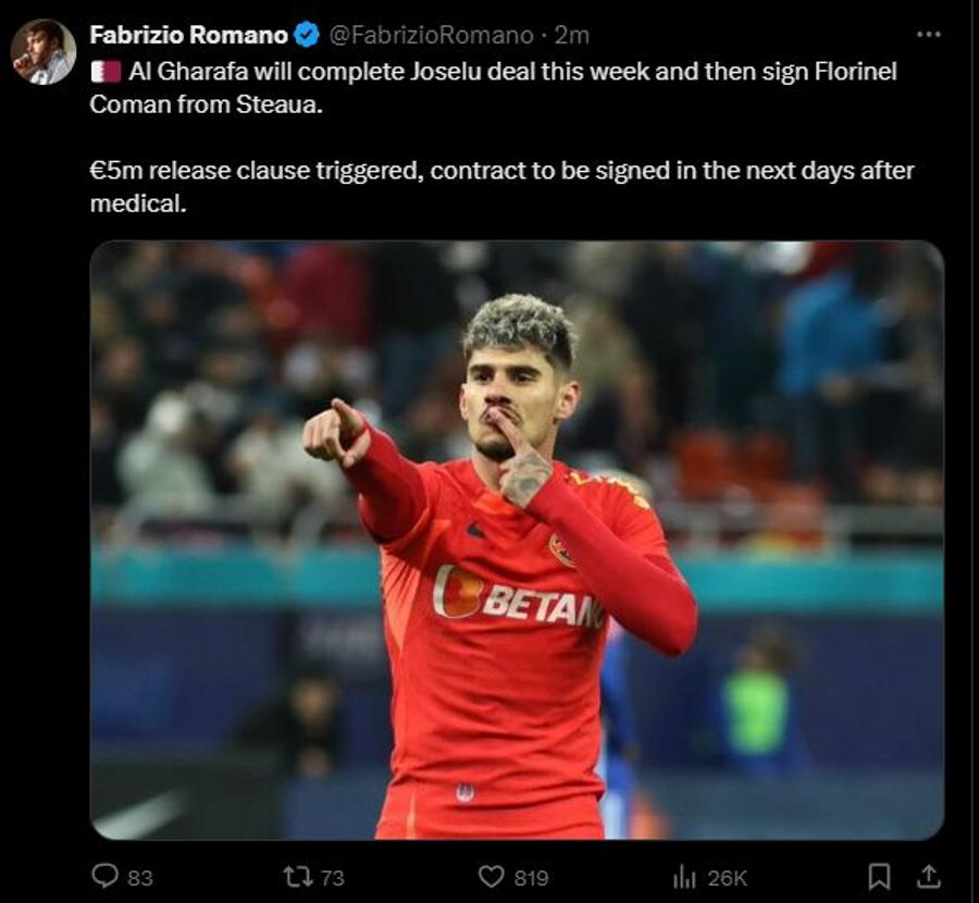 Fabrizio Romano a anunțat transferul lui Florinel Coman, foto: X Fabrizio Romano anunță transferul lui Florinel Coman: „L-au luat de la Steaua”