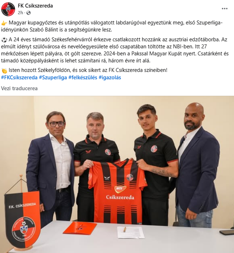 Csikszereda a anunțat la ora 08:00 aducerea lui Szabo Balint Promovată de o lună în Superligă, Csikszereda continuă să comunice doar în maghiară. Cum explică șeful clubului, chestionat azi de GSP