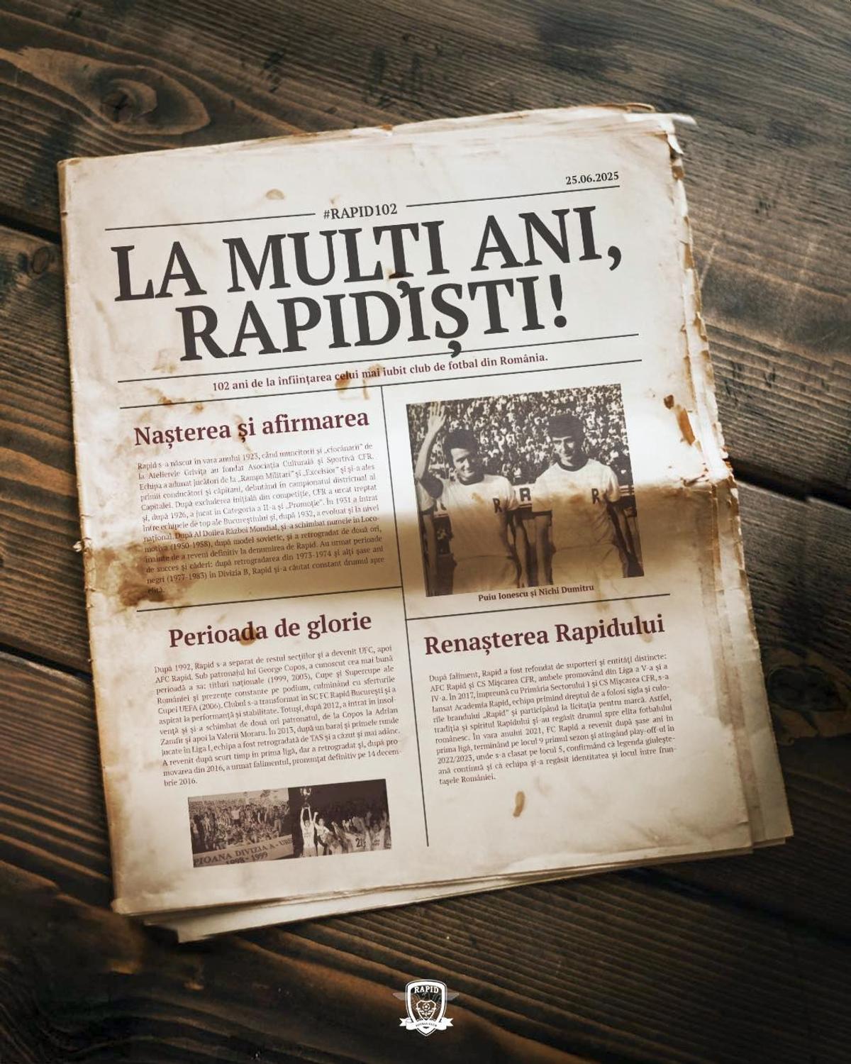 Rapid sărbătorește 102 ani de existență