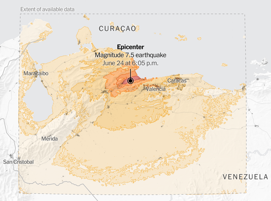Epicentrul celui de-al doilea cutremur. Ora locală din Venezuela // sursă: New York Times Două cutremure masive au devastat Venezuela » Imagini înfiorătoare de pe stadioane: meciuri oprite de urgență