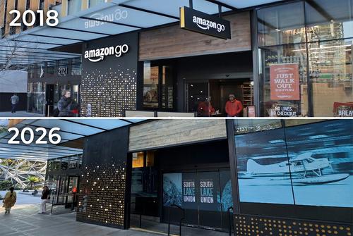 Cladirea unde s-a deschis primul Amazon Go din lume în 2018 vs 2026