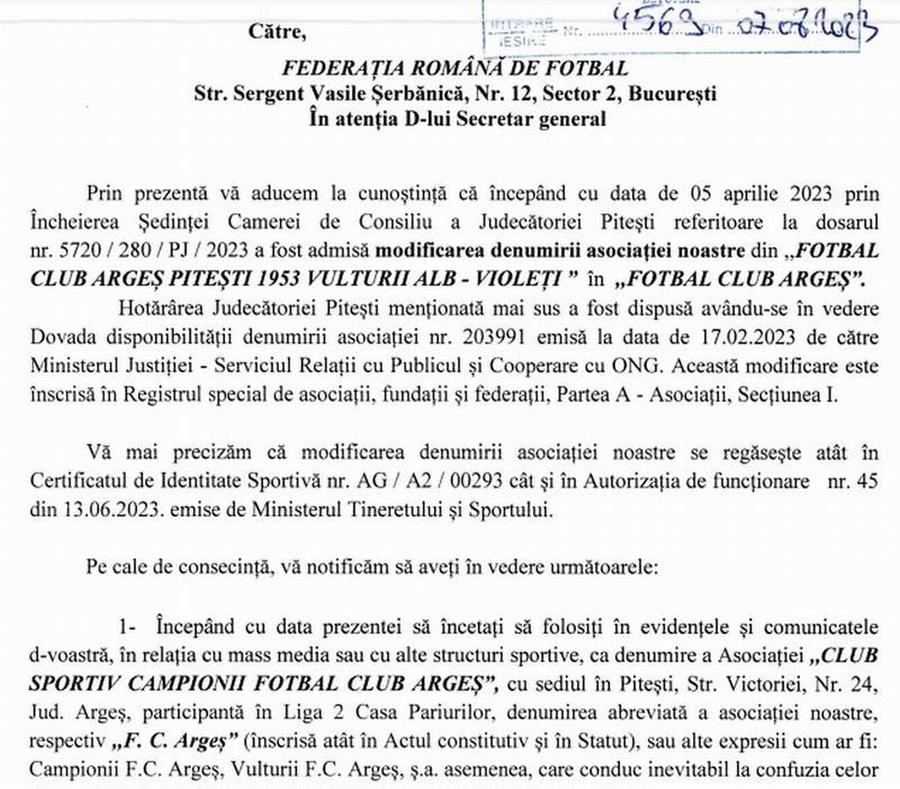 Notificarea trimisă pe adresa Federației, în care se solicită ca echipei din Liga 2 să nu-i mai fie atribuit numele FC Argeș Lovitură de teatru la Pitești: a mai apărut un FC Argeș! Clubul din Liga 2 își poate pierde numele: „Impostură şi nepricepere încurajate politic” + notificarea primită de FRF