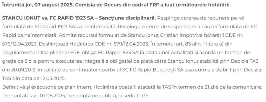 Captură de pe portalul LPF, cu decizia adoptată împotriva Rapidului de Comisia de Recurs, pe 7 august Rapid tremură: la un pas de depunctare și blocarea transferurilor, risc de excludere! » Comisia de Disciplină are miercuri pe masă dosarul care pune pe jar Giuleștiul
