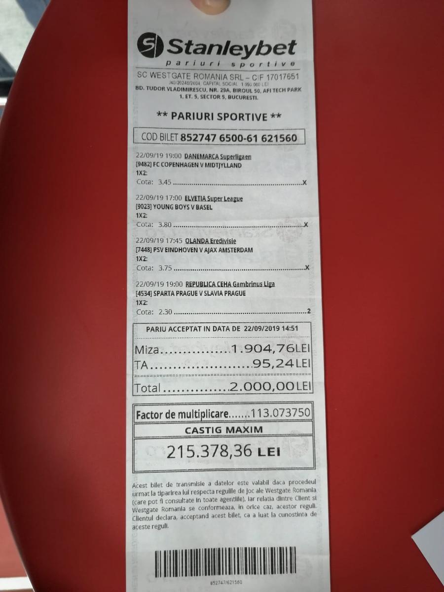 A câștigat 215.378,36 lei pe un bilet cu patru meciuri
