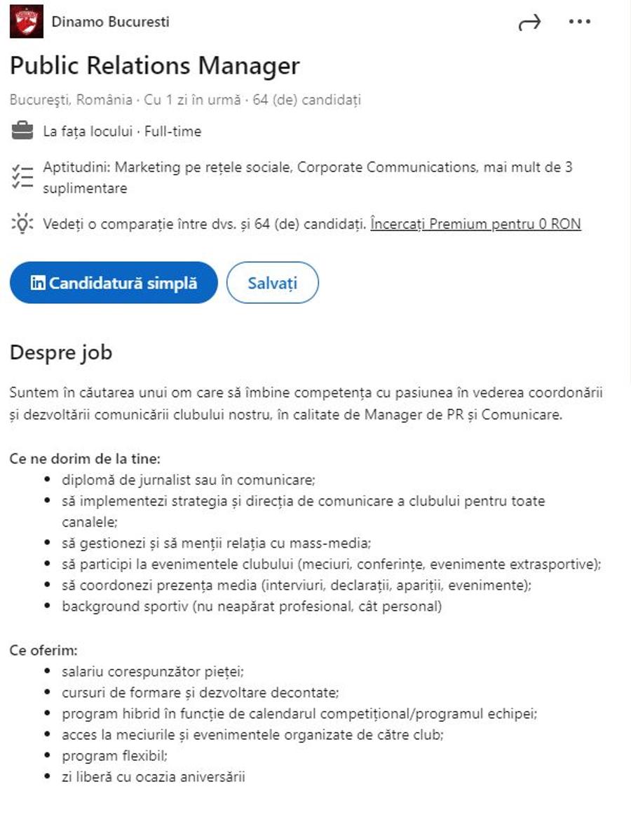 Anunțul postat de Dinamo pe Linkedin Dinamo, în căutare de personal » „Câinii” recrutează pe o platformă de job-uri