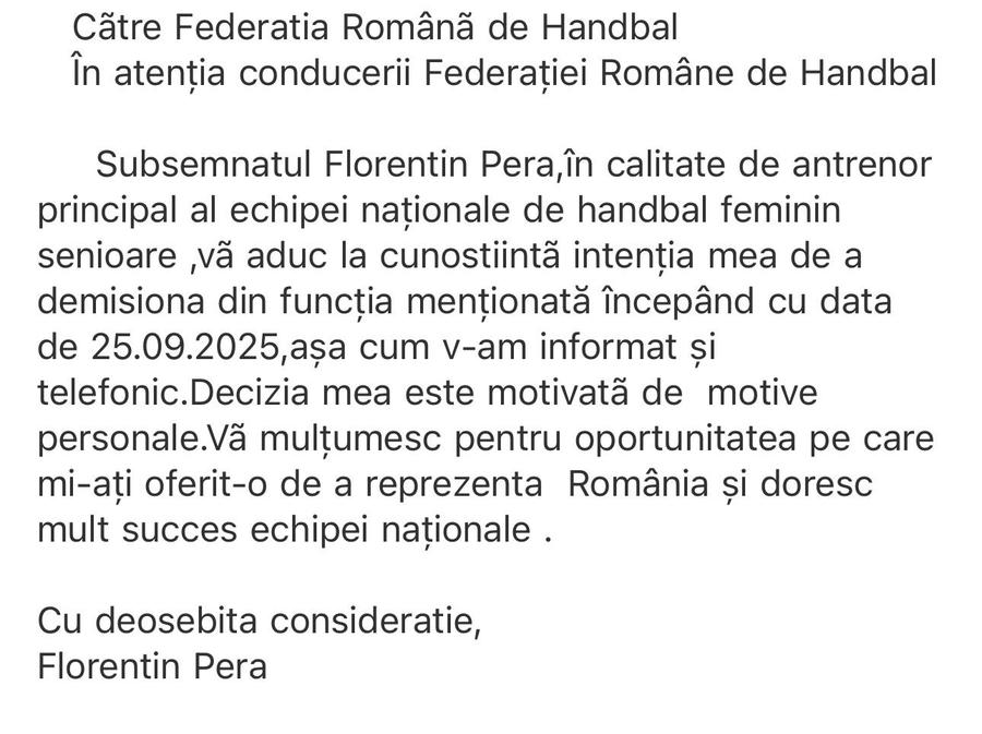 Mail-ul trimis de Florentin Pera Cutremur la naționala de handbal feminin! Selecționerul Florentin Pera și-a dat DEMISIA » GSP a aflat motivul