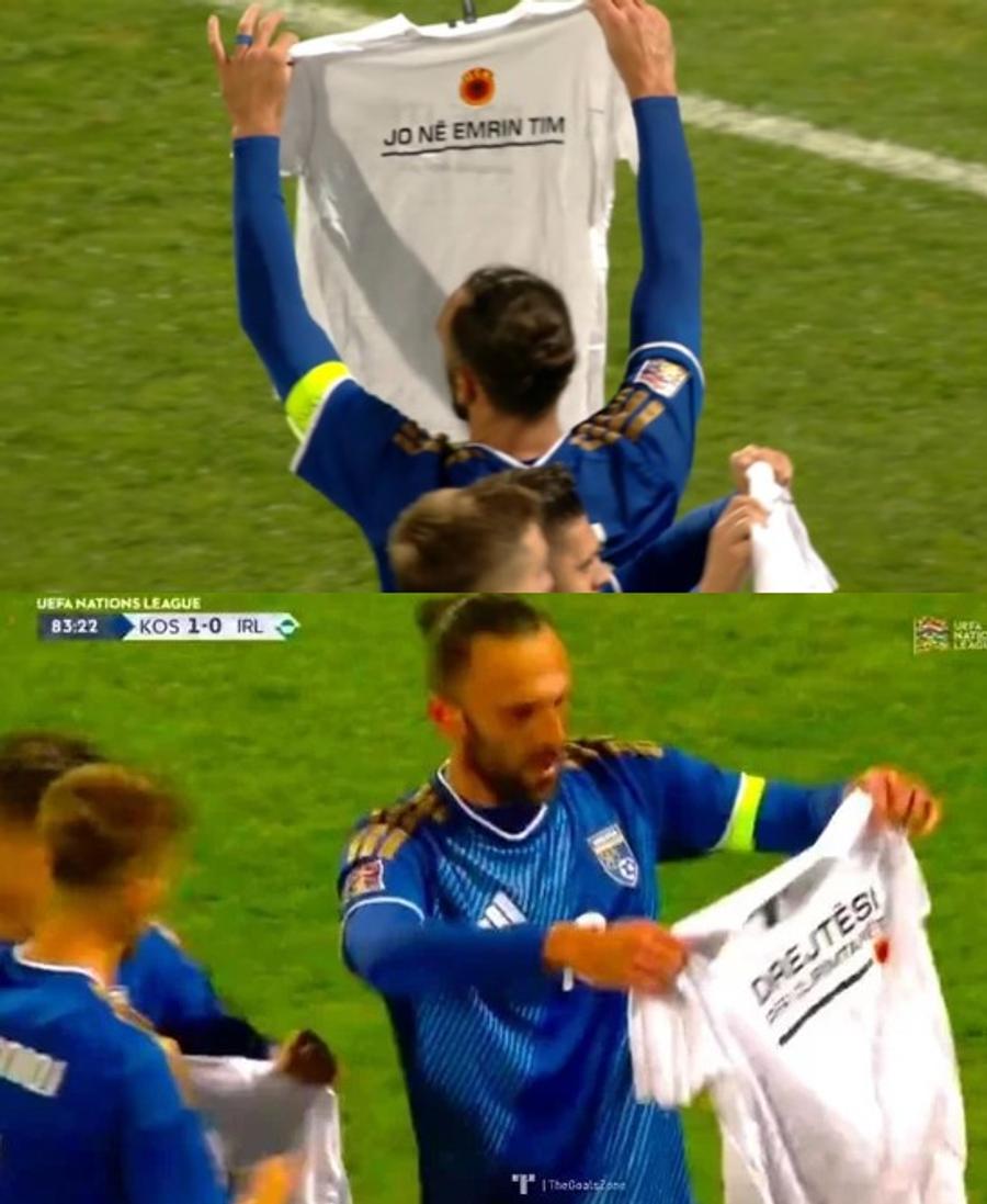 Tricoul arătat de Vedat Muriqi // foto: X Scandal în Kosovo la meciul din Liga Națiunilor » Căpitanul naționalei și suporterii, mesaje de susținere pentru criminalii de război