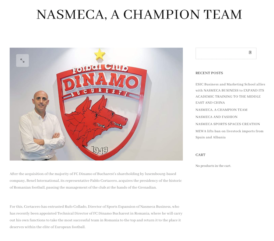 Anunț de pe site-ul companiei Nasmeca EXCLUSIV Fața nevăzută a spaniolilor care controlează Dinamo: academii fantomă, partener român căutat pentru datorii și o pretinsă prietenie cu Borcea