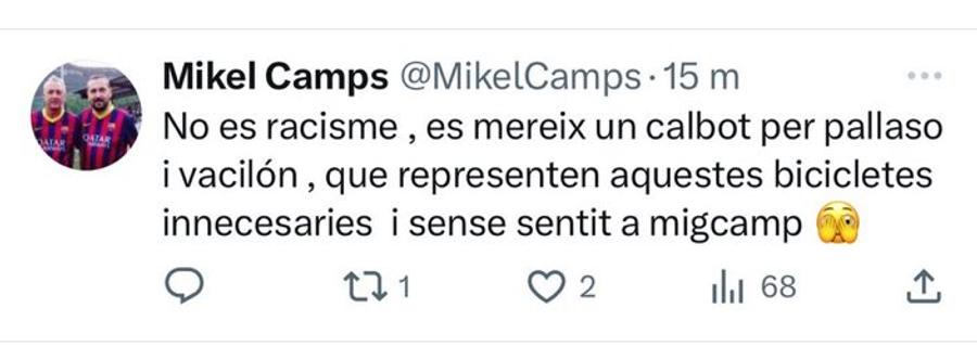 Mikel Camps a șters postarea, dar a apucat să fie distribuită. Foto: Twitter Un șef al Barcelonei aruncă în aer El Clasico: „Nu e rasism. Vinicius e un clovn și un leneș”