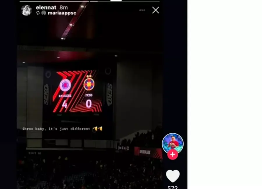Fotografia postată de soția lui Ianis Hagi. Captură preluată de pe fanatik.ro Soția lui Ianis Hagi a postat o imagine de la Rangers - FCSB, dar a șters-o imediat