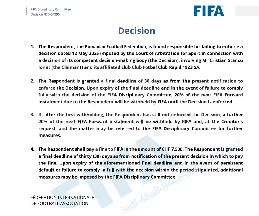 Premieră incredibilă: FRF amendată de FIFA pentru că a refuzat să pună în aplicare o decizie TAS împotriva Rapidului! + Federația se opune discutării cazului în Comitetul Executiv