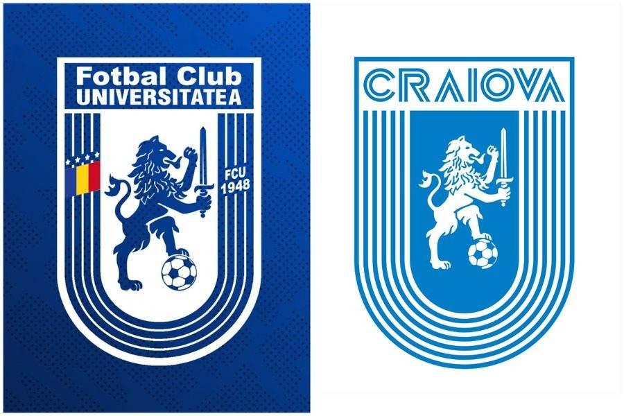 În stânga, sigla lui FCU Craiova. În dreapta, sigla lui CS Universitatea Craiova Adrian Mititelu, după decizia în cazul mărcii Rapid: „Profităm și noi!” + „FIFA ne-a transmis că își prezintă scuze”