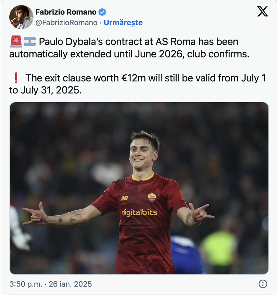 Paulo Dybala și-a prelungit contractul cu AS Roma, dar clauza de reziliere rămâne valabilă