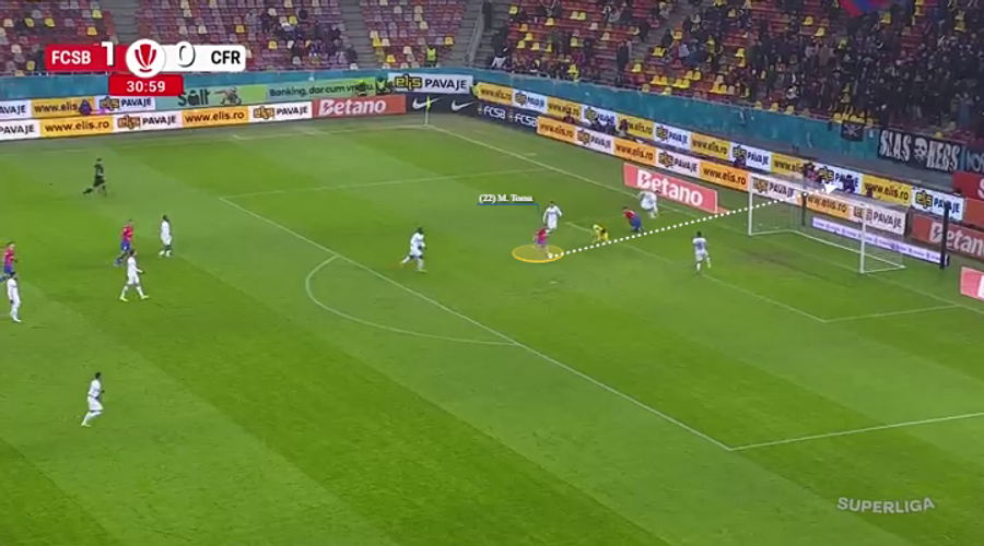 Mihai Toma, ratare uriașă în FCSB - CFR Cluj 1-4 // foto: wyscout „Plecarea lui Charalambous nu e o soluție” » Fostul antrenor de la FCSB crede în calificarea roș-albaștrilor în play-off: „Pot câștiga toate meciurile”