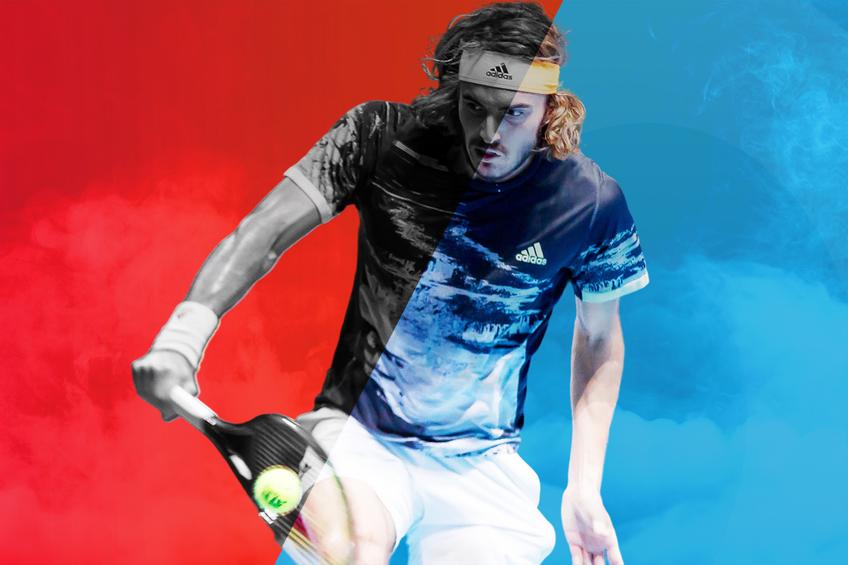 Stefanos Tsitsipas lovind un backhand cu o singură mână, fotomontaj: GSP