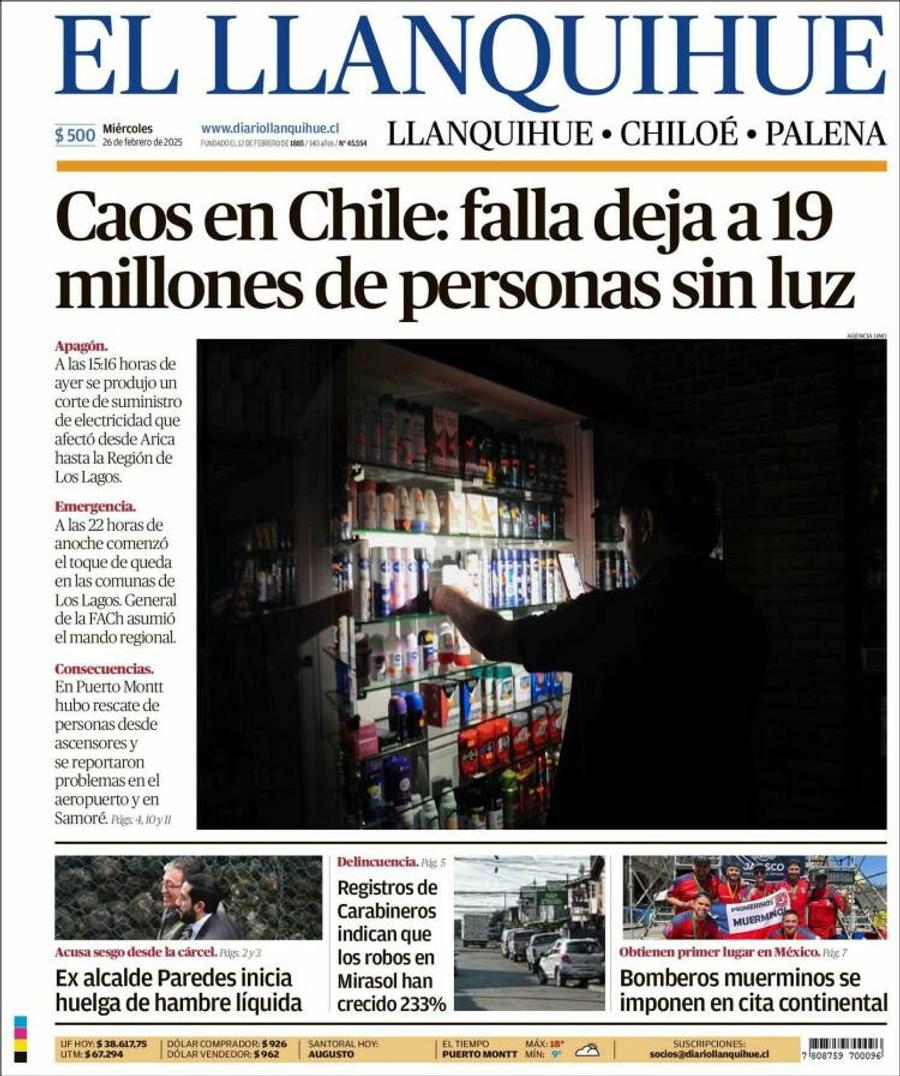 Prima pagină a unui ziar din Chile Jocul întrerupt la turneul ATP 250 din Chile din cauza unei căderi masive de curent, întinsă pe 20 ore