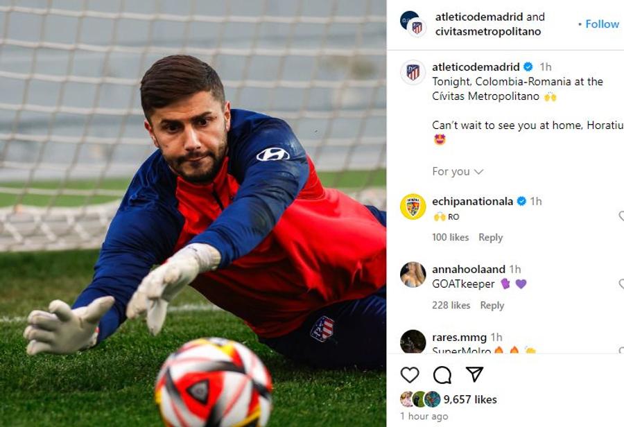 Mesajul lui Atletico Madrid pentru Horațiu Moldovan, foto: Instagram Atletico a schimbat repertoriul! Postare pe ritmuri de B.U.G. Mafia pentru Horațiu Moldovan în ziua amicalului Columbia - România