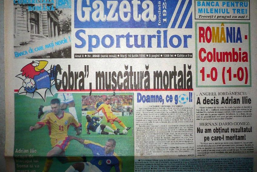 Prima pagină din Gazeta Sporturilor, după România - Columbia 1-0 din 1998