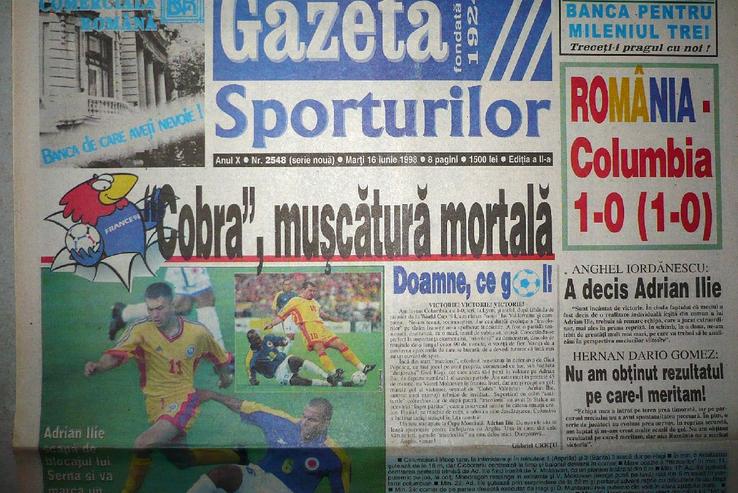 Prima pagină din Gazeta Sporturilor, după România - Columbia 1-0 din 1998