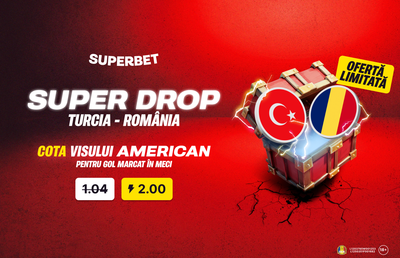 Super Drop marca Superbet: cotă 2.00 pe gol marcat în Turcia - România!