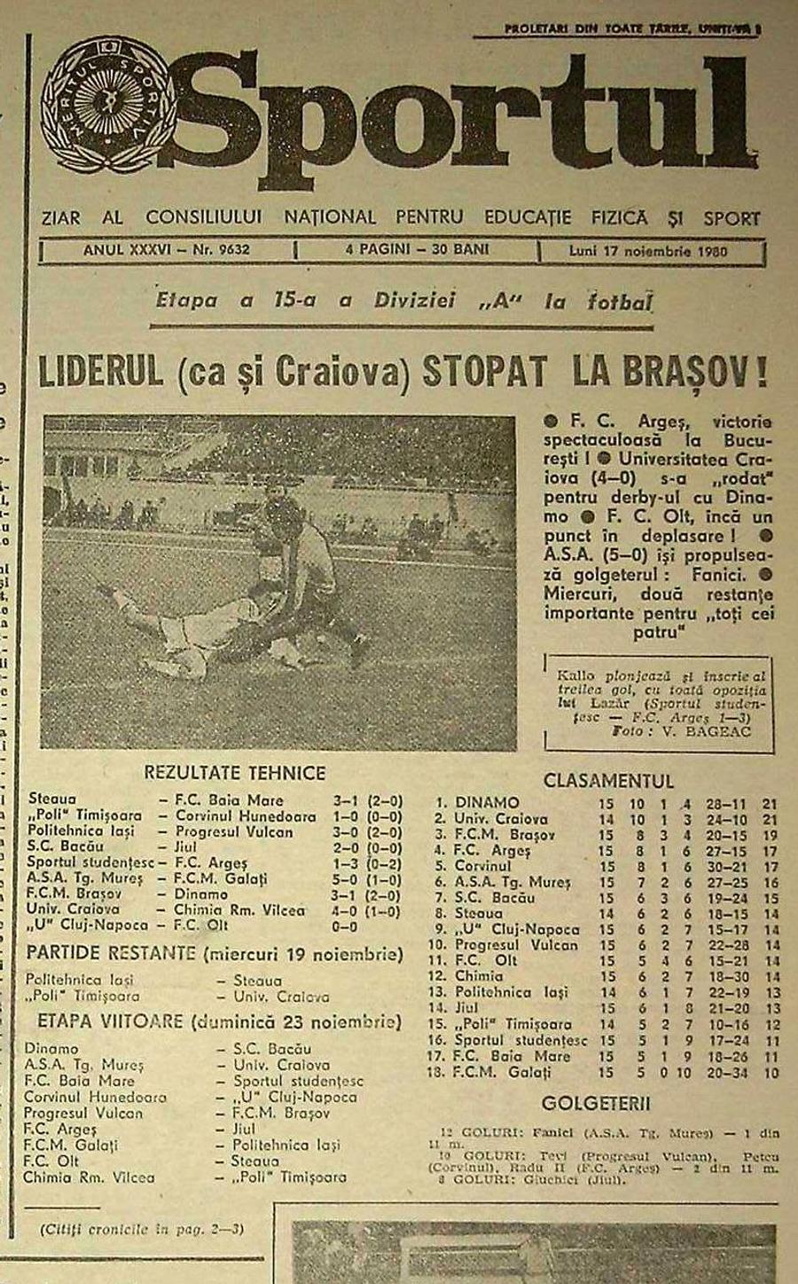 Prima pagină a ziarului Sportul despre meciul din 1980 Cornel Dinu despre un meci suspect între Dinamo și Viitorul, în 2013: „Știu jucătorii și antrenorul care au participat atunci”