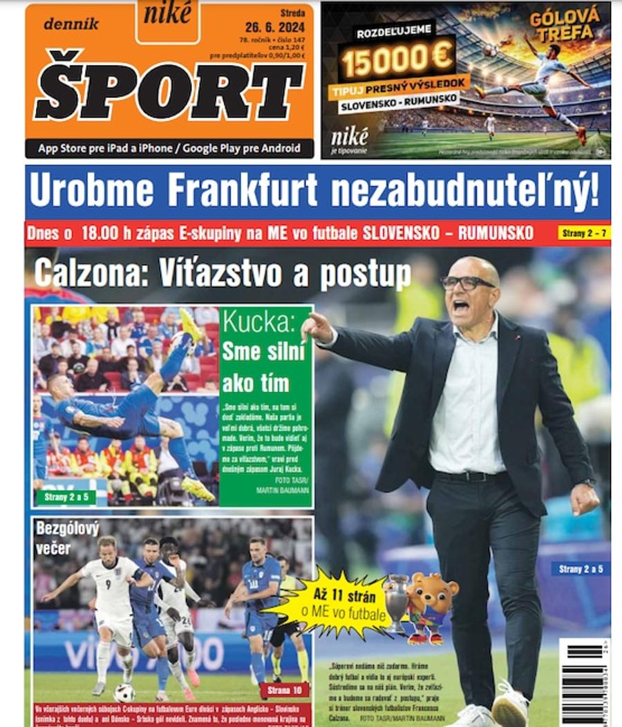Prima pagină a ziarului slovac ŠPORT Cine transmite la TV România - Slovacia