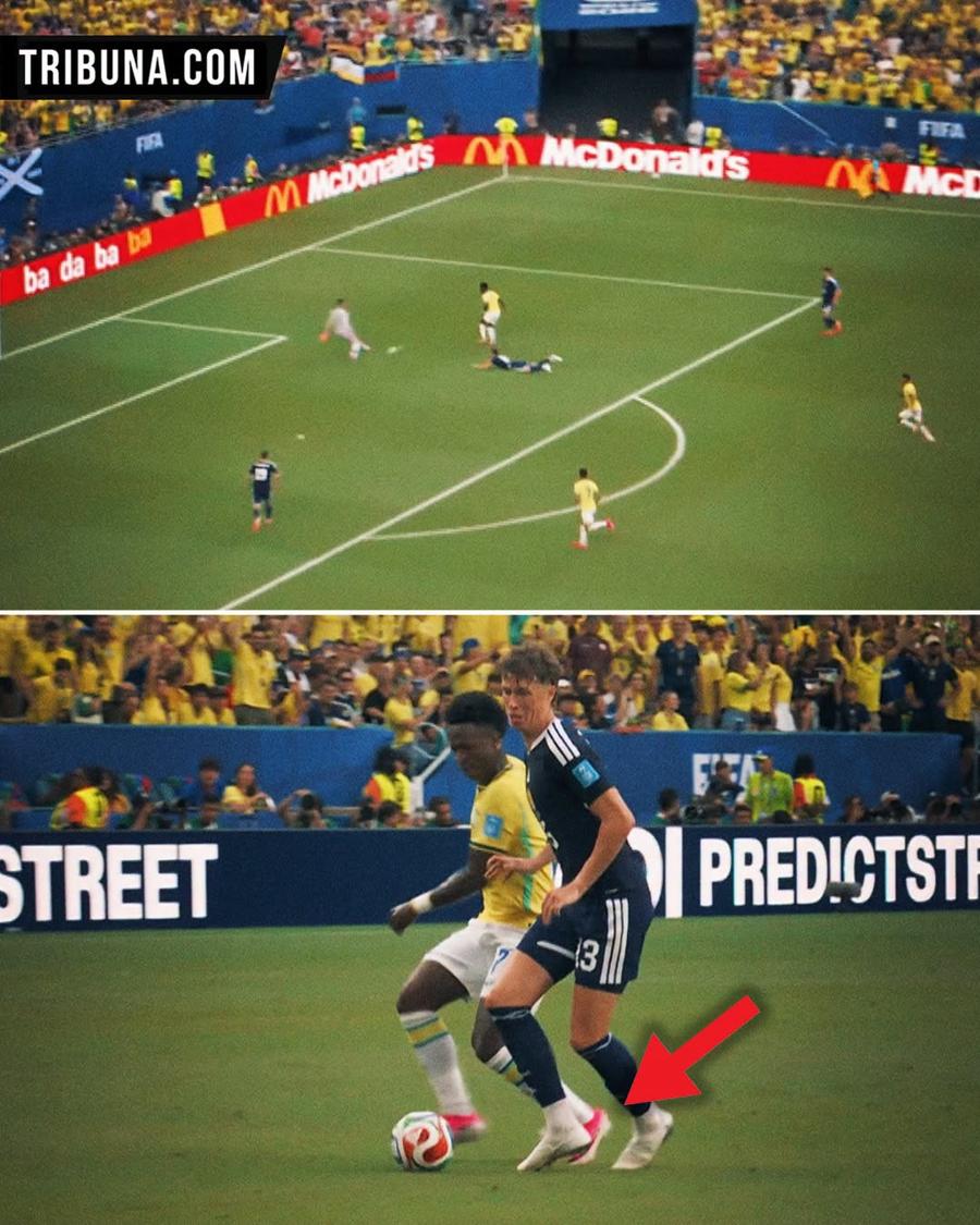 Faza în care arbitrul i-a anulat un gol lui Vinicius Jr. pentru un fault în atac în Scoția - Brazilia 0-3 Protest depus la FIFA după controversa de la Mondial: „Nu există consecvență” » În Spania s-a judecat pe dos