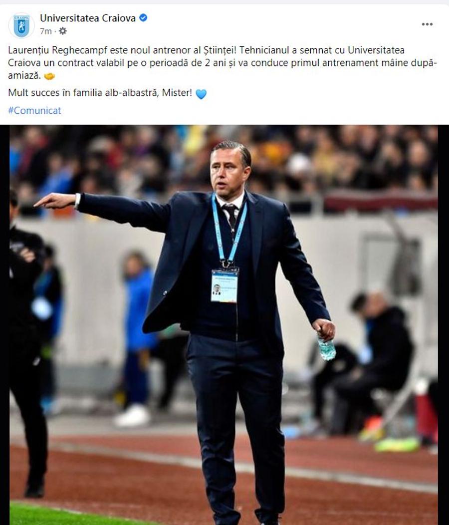 CS Universitatea Craiova l-a anunțat oficial pe Laurențiu Reghecampf Reghecampf vrea transferuri la Universitatea Craiova » Anunțul lui Rotaru: „E o premieră pentru mine”