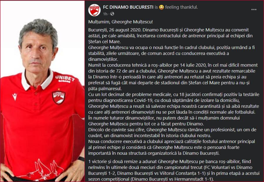DINAMO. Nicio piedică în calea lui Cosmin Contra! Gheorghe Mulțescu și-a reziliat contractul