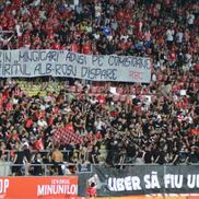 „Prin mingicari aduși pe comisioane, spiritul alb-roșu dispare”, a fost banner-ul afișat de galeria arădenilor. S-a scandat și „UTA liberă!” / foto: Bogdan Cioara